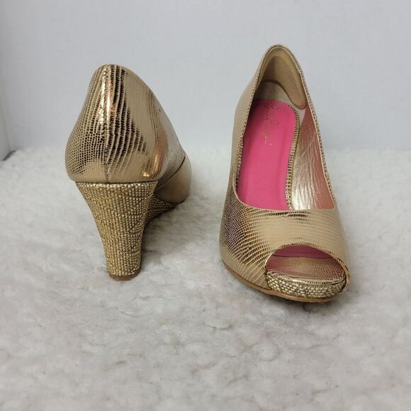 Lilly Pulitzer Women's Shoes Size 5.5  Gold Resort Chic Peep Toe Wedge Pumps - Picture 6 of 10
